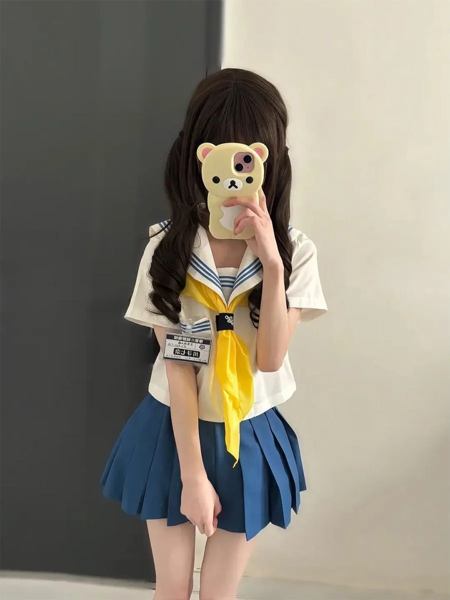 Original Design Soft Girl JK Uniform Short Sleeve Traditional School Uniform Blue Three Books New Style Top College Style Set...