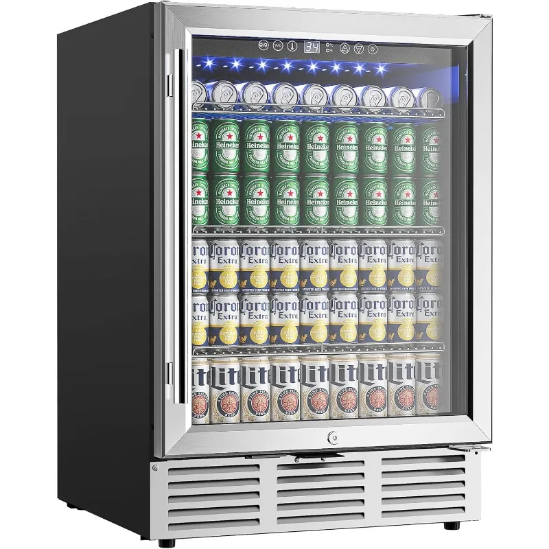 24 Inch Beverage Refrigerator, 180 Can Built-in Beverage Cooler, Under Counter Beer Fridge with Glass Door for Soda, Water