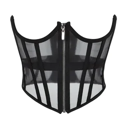 Black Women Corsets Lace-up Corset Underbust Mesh Zipper Bustier Crop Top Bodices Sexy Lingerie Plus Size Body Shaper