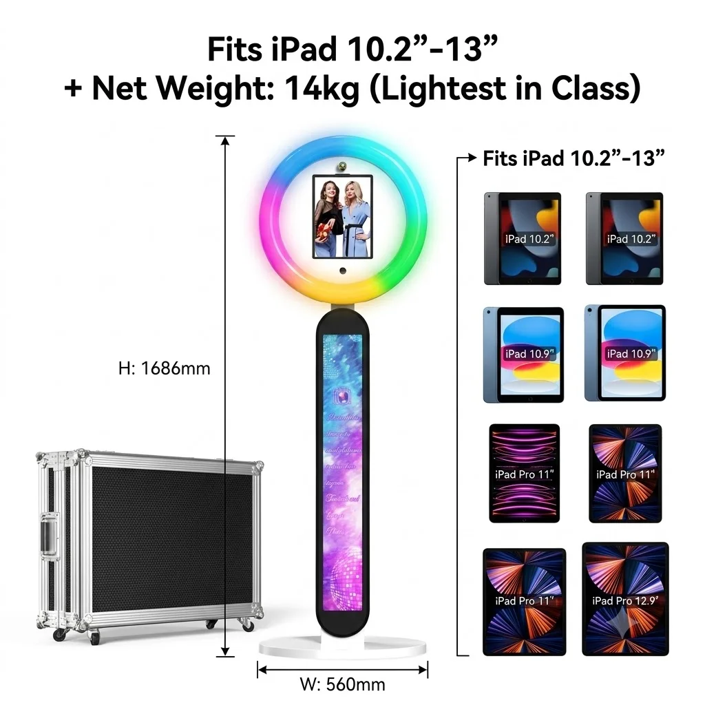 Portable iPad Photo Booth Stand with 22\'\'RGB Ring Light Compatible with10.2/10.9/11/12.9/13\'\'iPad for Wedding Party Event Rental