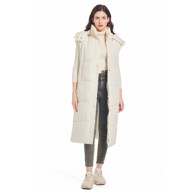 Autumn Long Over Knee Thick Padded Vest Hooded Belted Sleeveless Zip Up Loose Warm Basic Classic Daily Outerwear Padded Vest
