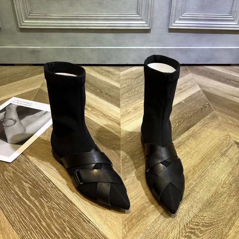 Bottes à talons bas pour femmes, chaussures à une jambe, tissu élastique pointu, bottes de rinçage confortables, respirantes, plates et lisses, mode automne, nouveau