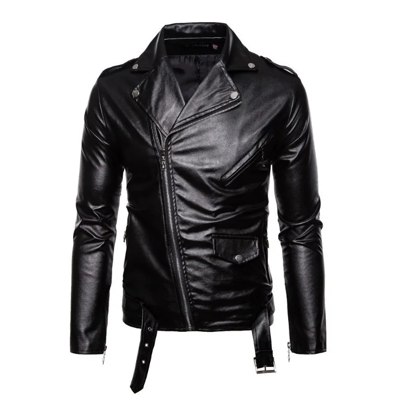

Men Faux Leather Coats Lapels Slim Diagonal Zipper Motorcycle PU Jacket Multi Metal Buttons Decoration with Belt Men's Clothing