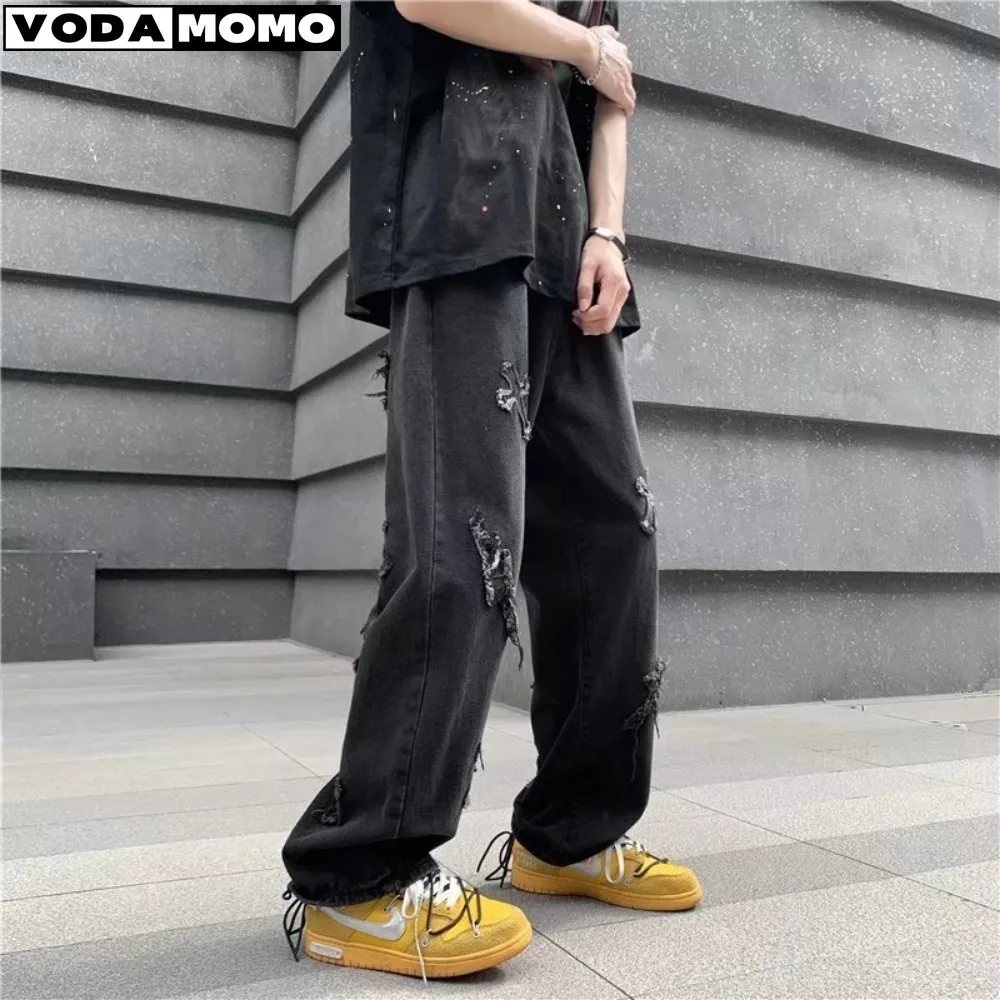 

Men's Fashion Embroidered High Street Straight Mopping Trousers Biker Vintage Y2K Clothes Streetwear Relaxed Slim Fit Jeans Men