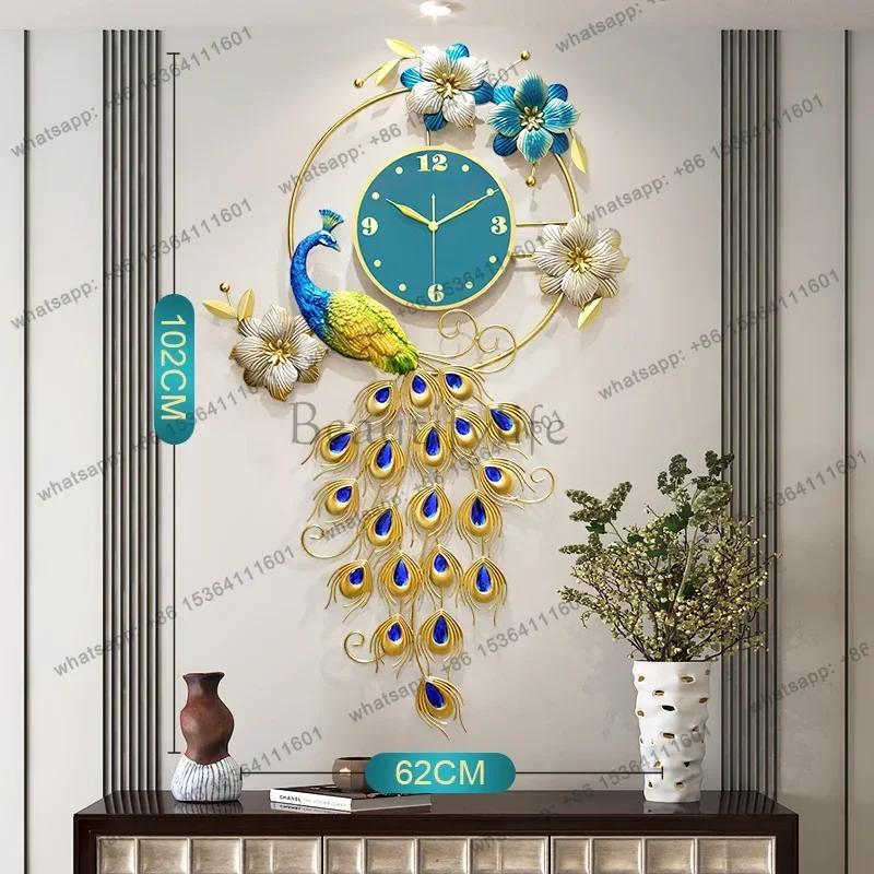 Peacock Wall Clock Metal Silent Non Ticking Chinese Style Living Room Bedroom Dining Room Decor Luxury Home Art Ornament