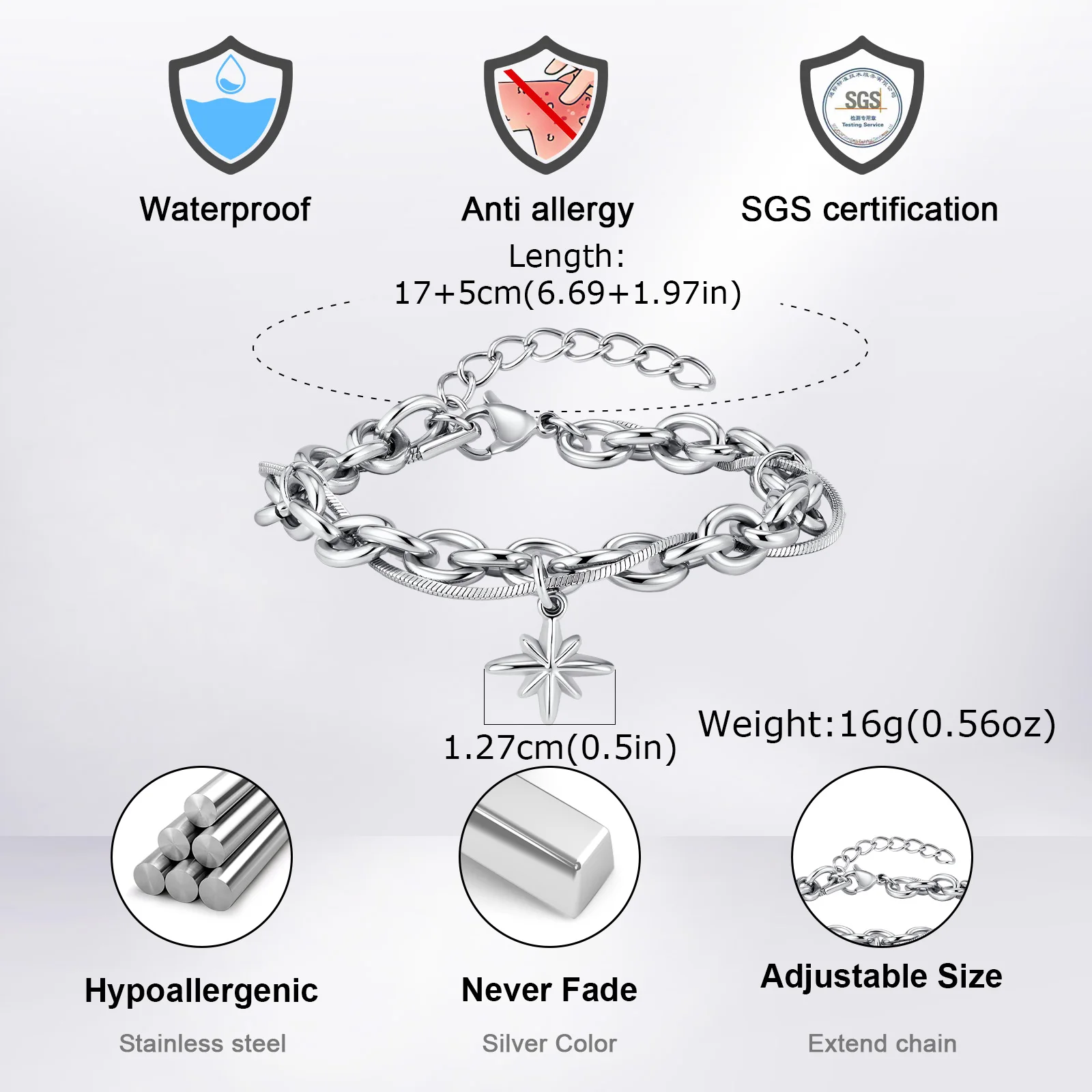 Hiphop Four-point Star Chain Bracelet for Men,Two Layers Stainless Steel Adjustable Chain Link Wristband Gift