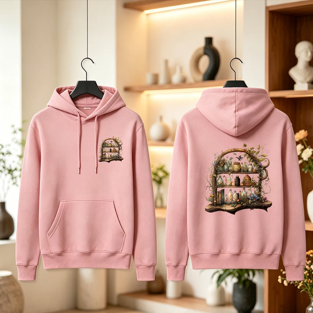 Apothecary Hoodie Pink Potion Shelf Witchy Magic Bottles Mushroom Graphic Pullover Cozy Unisex Women Fall Winter Aesthetic Top