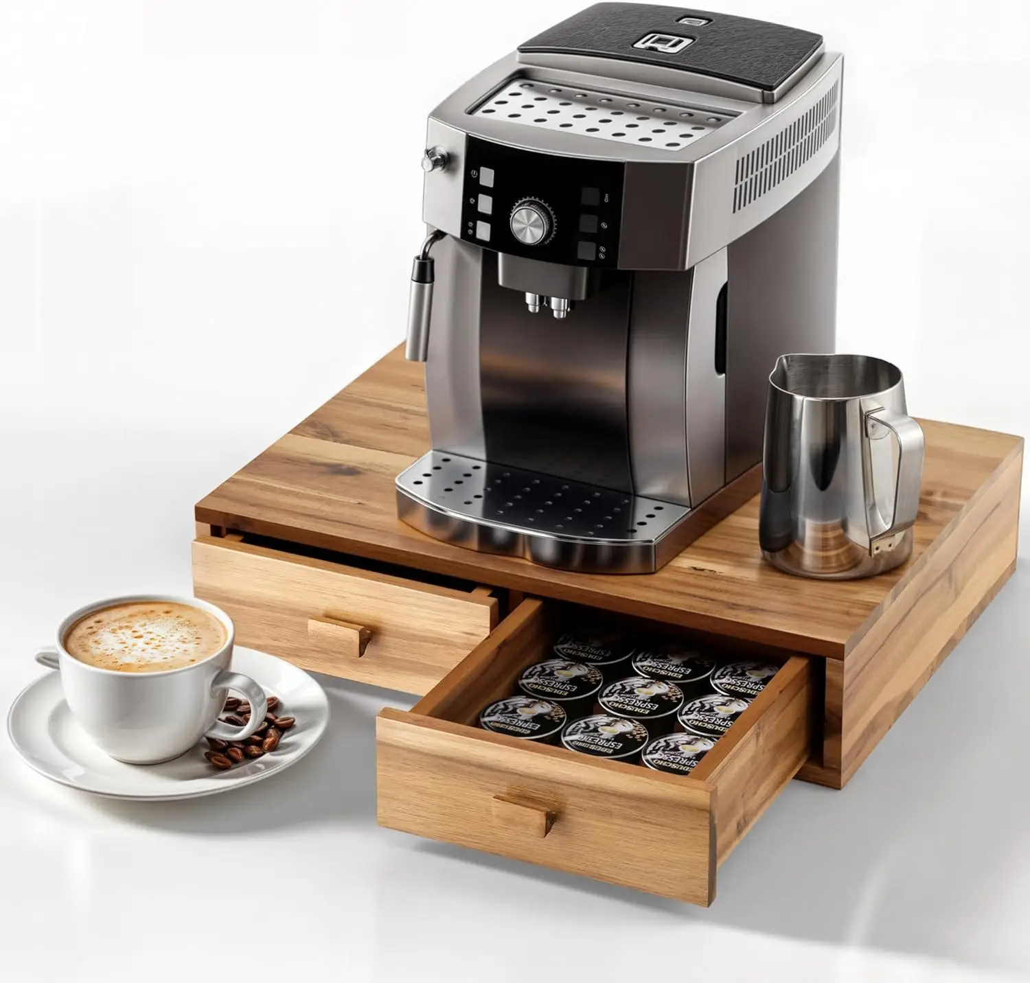 Acacia Wood Coffee Pod Storage Box with 30-Capacity Drawers, Organizer for K-Cup and Tea Under Brewer