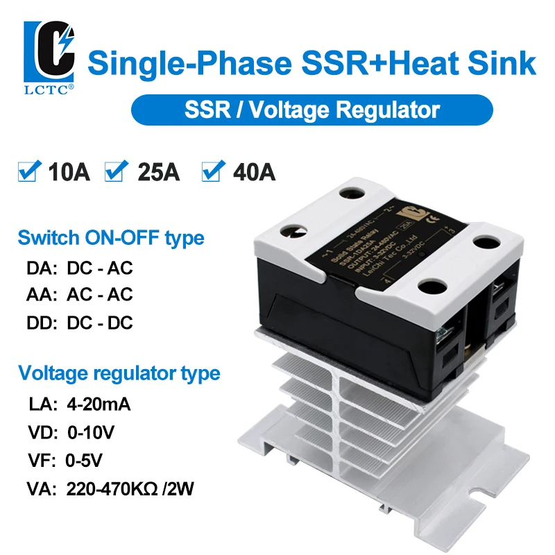 LCTC SSR 0-10V 4-20MA 0-5V Przekaźnik regulatora napięcia 10A 25A 40A DA AA DD VA Jednofazowy przekaźnik półprzewodnikowy z radiatorem