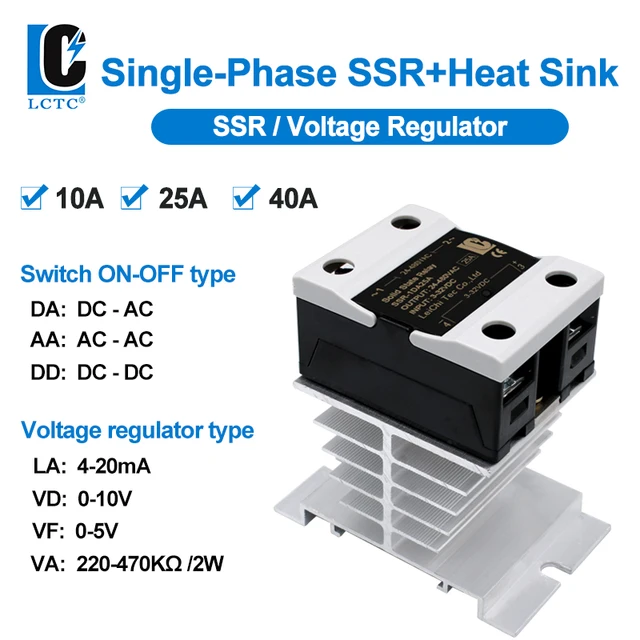 LCTC SSR 0-10V 4-20MA 0-5V Przekaźnik regulatora napięcia 10A 25A 40A DA AA DD VA Jednofazowy przekaźnik półprzewodnikowy z radiatorem