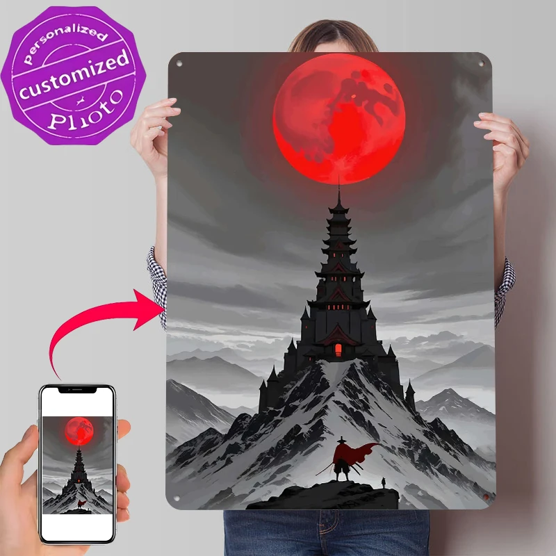 Samurai-Schloss unter rotem Mond, bedrucktes Poster, individuelle Wandkunst, Retro-Vintage-Metallblechschilder für Heimdekoration, Accessoires