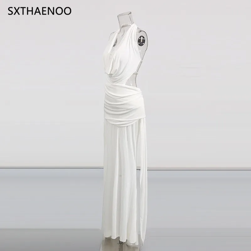 SXTHAENOO Spliced Backless Bodycon Dresses Women Halter Neck Sleeveless Patchwork Sheer Sexy Folds Evening Midi Dress Female