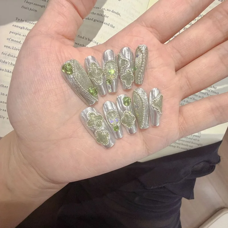 10Pcs Handmade Press-On Nails Summer Silver Magic Mirror Pink Custom Cat-Eye Gel Sculpted False Nails—Perfect As A Gift for Girl