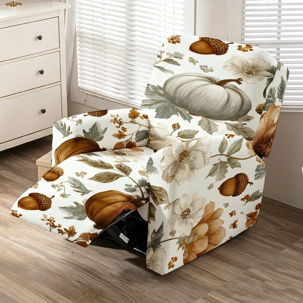 Neutral White Pumpkin Acorn Floral Recliner Chair Cover Stretch Spandex Recliner Slipcover Farmhouse Fall Decor