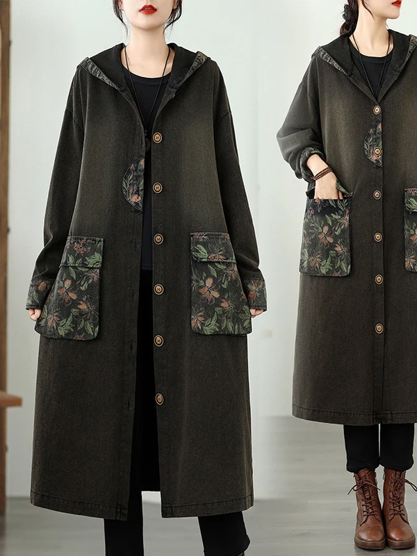 

Brand Women's Loose V-ne Single Button Mid-length Denim Sle Coat Heavy Crtsmanip Long Sve Cotton Outerwear