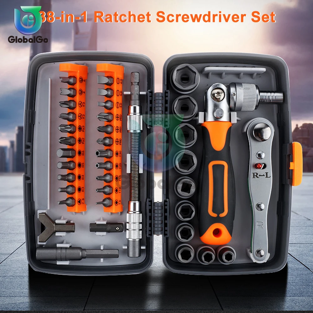 38 in 1 Screwdriver Set Retractable Household Multifunctional Plum Shaped Rice Word Ratchet Screwdriver Box 1 Set