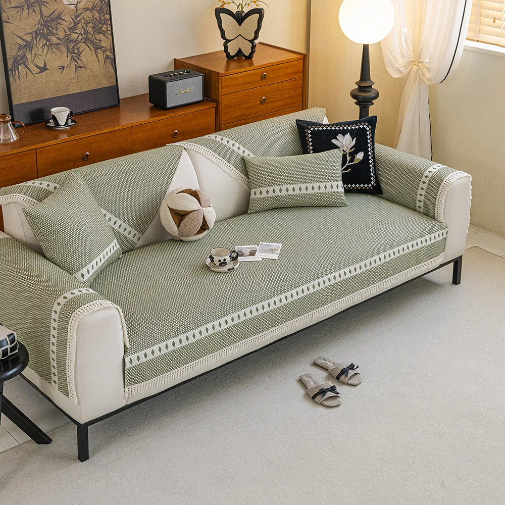 Cotton Linen Sofa Cover Woven Style Non-slip Sofa Cushion for Living Room All Seasons Universal Couch Slipcover Solid Color