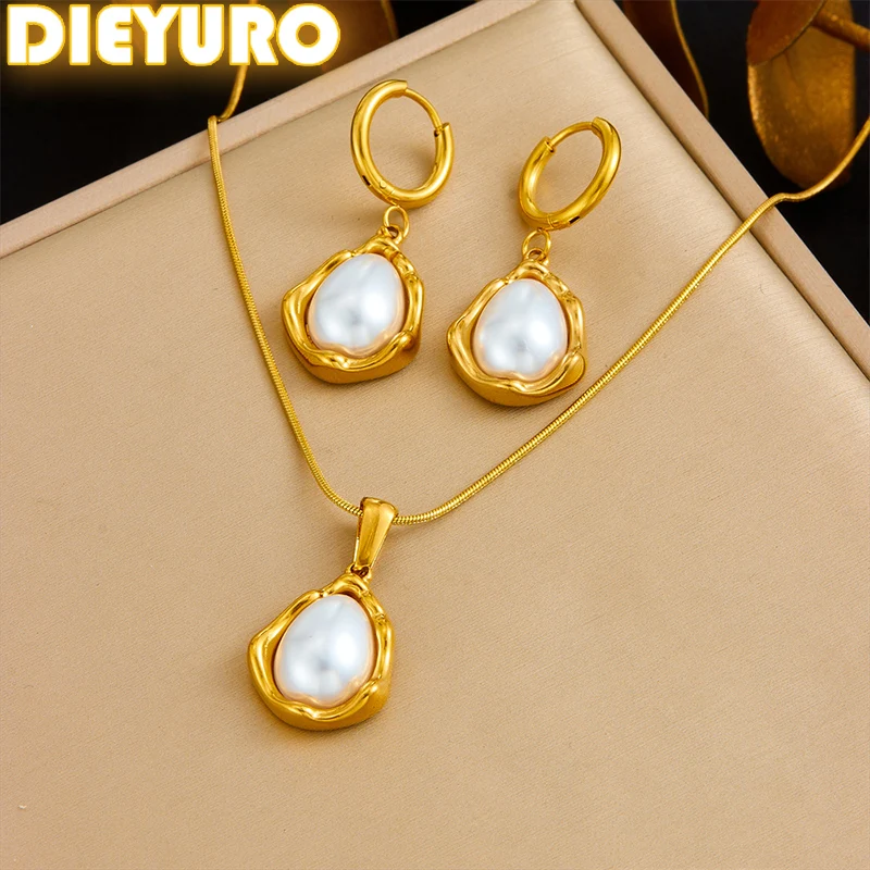 DIEYURO 316L Stainless Steel Golden Water Droplets Inlaid Pearl Pendant Necklace Earrings Set For Women Fashion Jewelry Gift