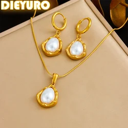 DIEYURO 316L Stainless Steel Golden Water Droplets Inlaid Pearl Pendant Necklace Earrings Set For Women Fashion Jewelry Gift