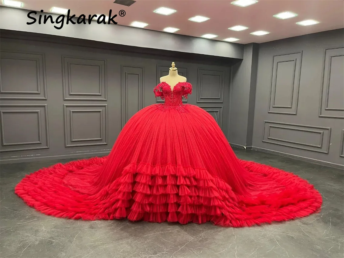 

Luxury Red Quinceanera Dress 2024 Tiered Ruffle Off Shoulder Ball Gown Lace Appliques Beads Court Train Vestidos De 15 Años