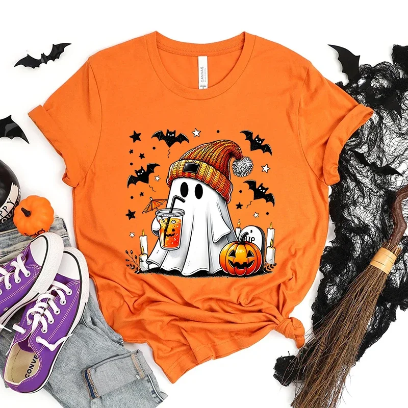 女性用サマーTシャツ、カボチャとゴーストのデザインのカジュアルトップ、ハロウィーンやギフトに最適