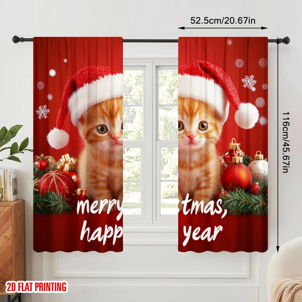 2pcs,2D plane printing Pattern Curtains Cute Kittens Merry Christmas Happy New Year Polyester Fabric (without rod) Decorations