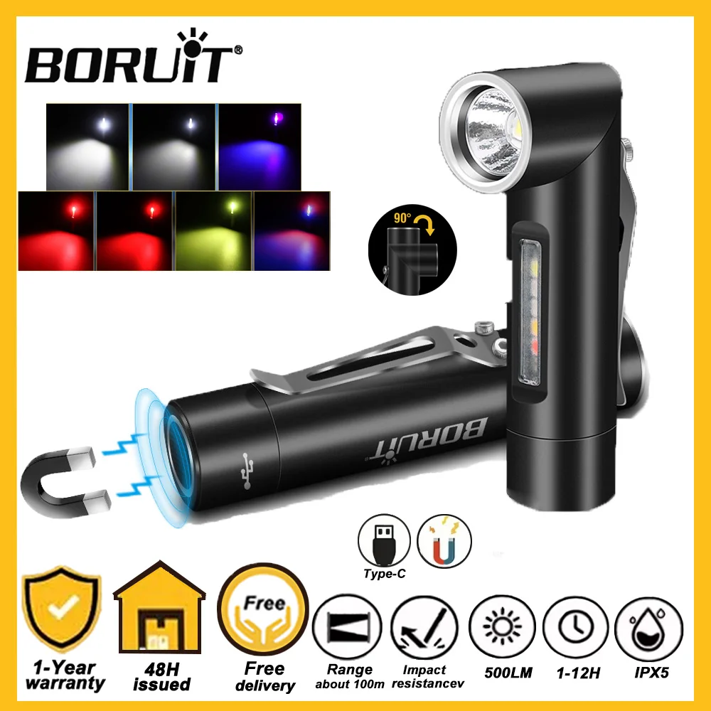 BORUiT 500LM EDC Keychain Flashlight Rechargeable LED Lamp UV Light Hat Clip 90 ° Turn Camping Fishing Outdoor Tiki With Magnet