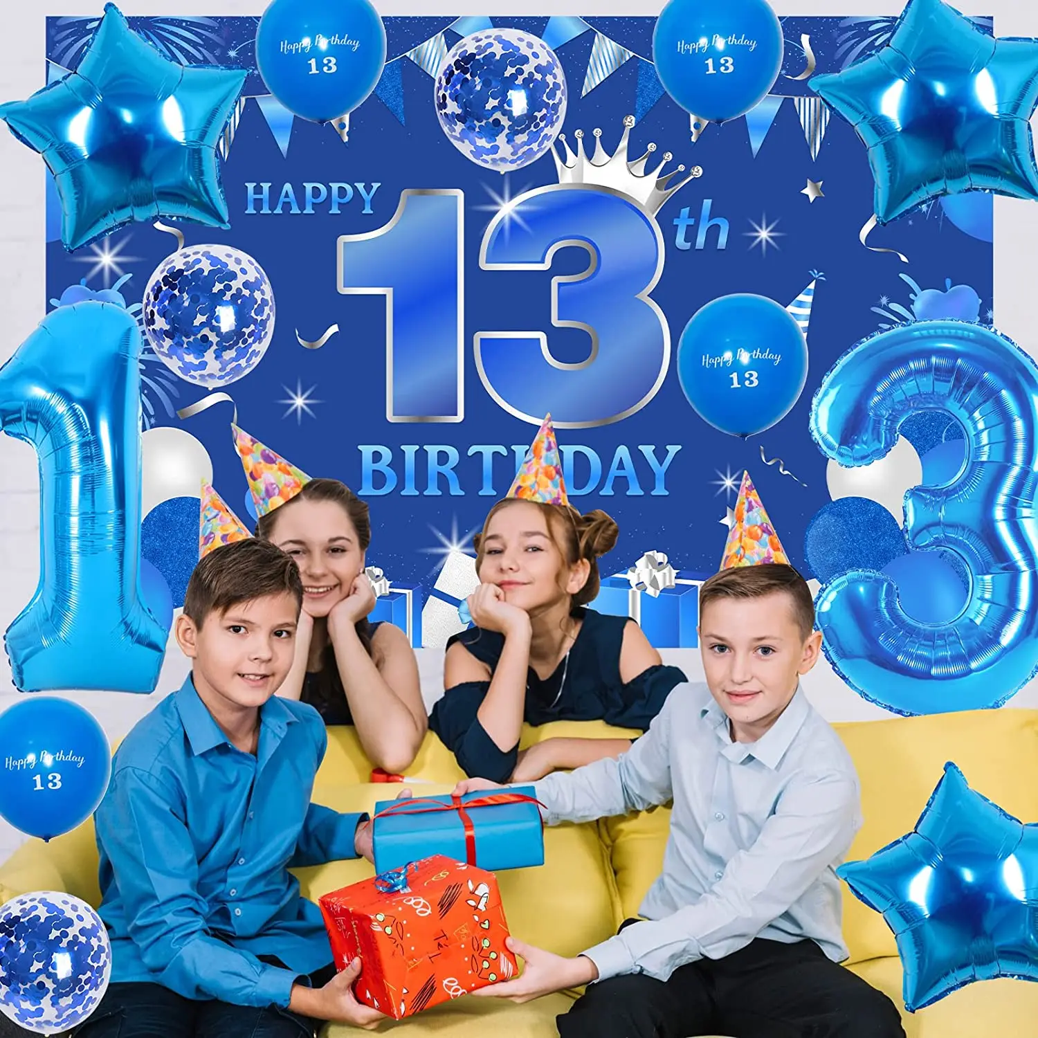 Imagem -03 - Happy 13th Birthday Backdrop Decorations Oficial é 13 eu Sou um Teen Blue Star Balões para Adolescente 13 Birthday Party Supplies