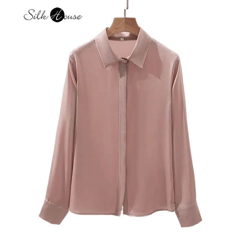 

2024 Women's Fashion New 93% Natural Mulberry Silk Elastic Double Qiao Satin Solid Color OL Professional Wear Long Sleeve Shirt