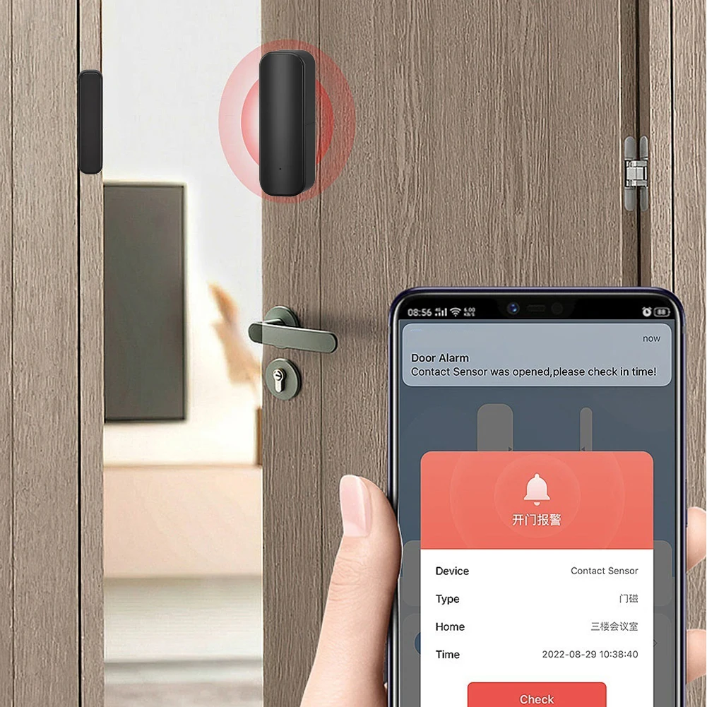 Wi-Fi,ドア開閉センサー,アプリケーション付き,通知,ウィンドウ,Tuya,ホームセキュリティ用の接触センサー,黒色
