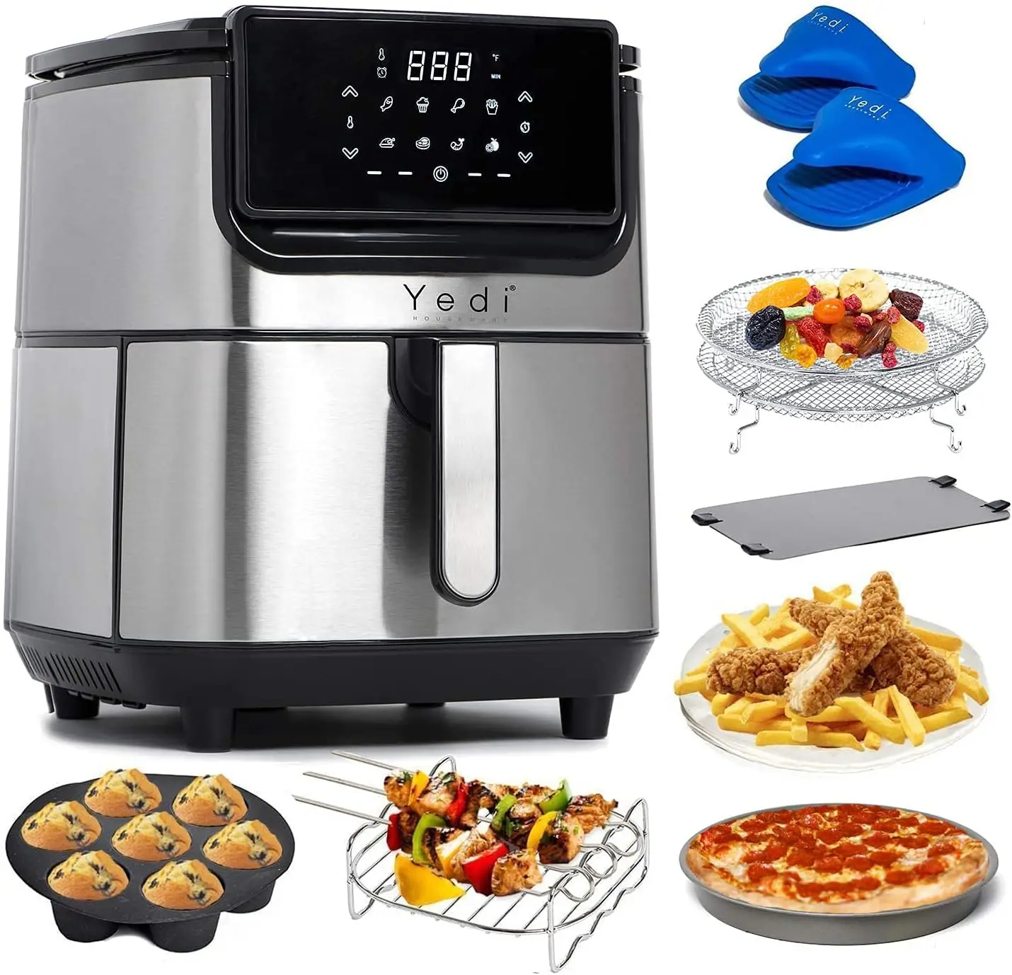 Air Fryer, 6.8 Quart, Stainless Steel, Ceramic Cooking Basket, with Deluxe Accessory Kit and Recipe Book