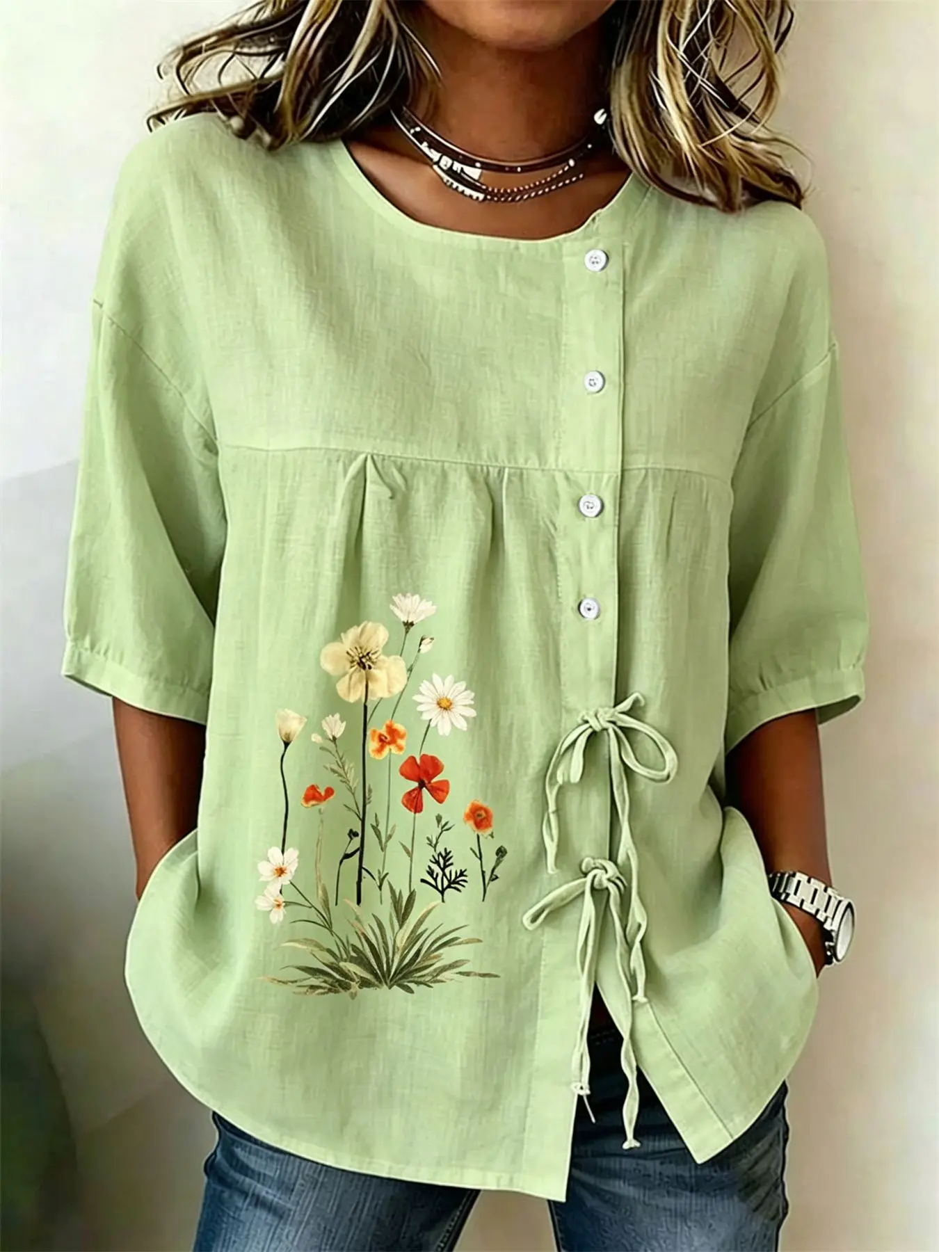 Women's Light Green Wildflower Print Drawstring Button Up Blouse, Casual Round Neck Tops for Spring Summer Daily Vacation Wear