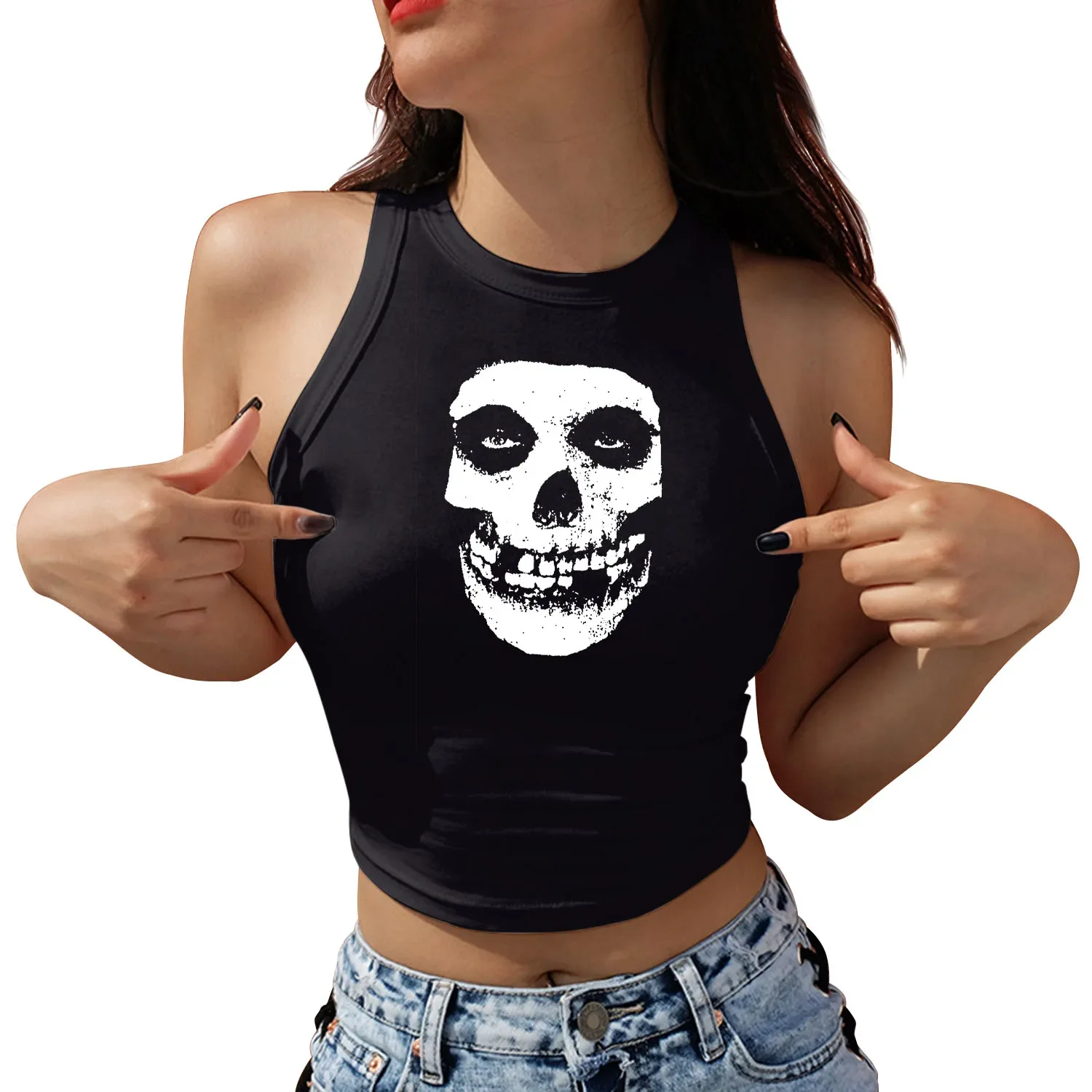 2024 Halloween Women Summer Sleeveless Crop Top Y2k Gothic Skeleton Pumpkin Skull Printed Streetwear Fitness Tops Tees