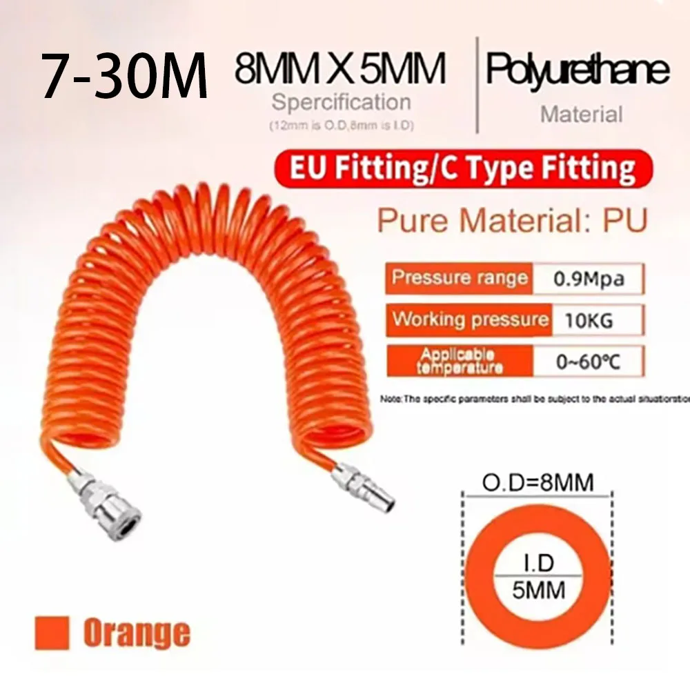 Orange 7-30M Air Compressor PU Pneumatic Hose Telescopic Spring Spiral Tube 8x5mm For Compressor Pneumatic Tools