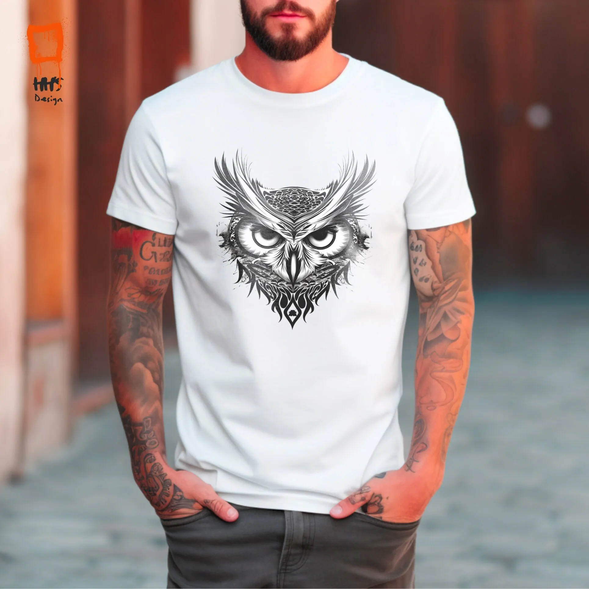 

Tribal Owl T Shirt Fierce Eyes Monochrome Totem Mystical Top Black and White Art