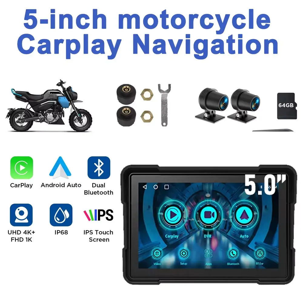 For Motorcycle Carplay Waterproof 1080P 5 Inch WiFi Wireless Android-Auto DVR Monitor Dash Cam GPS Navigation For Moto Dashboard