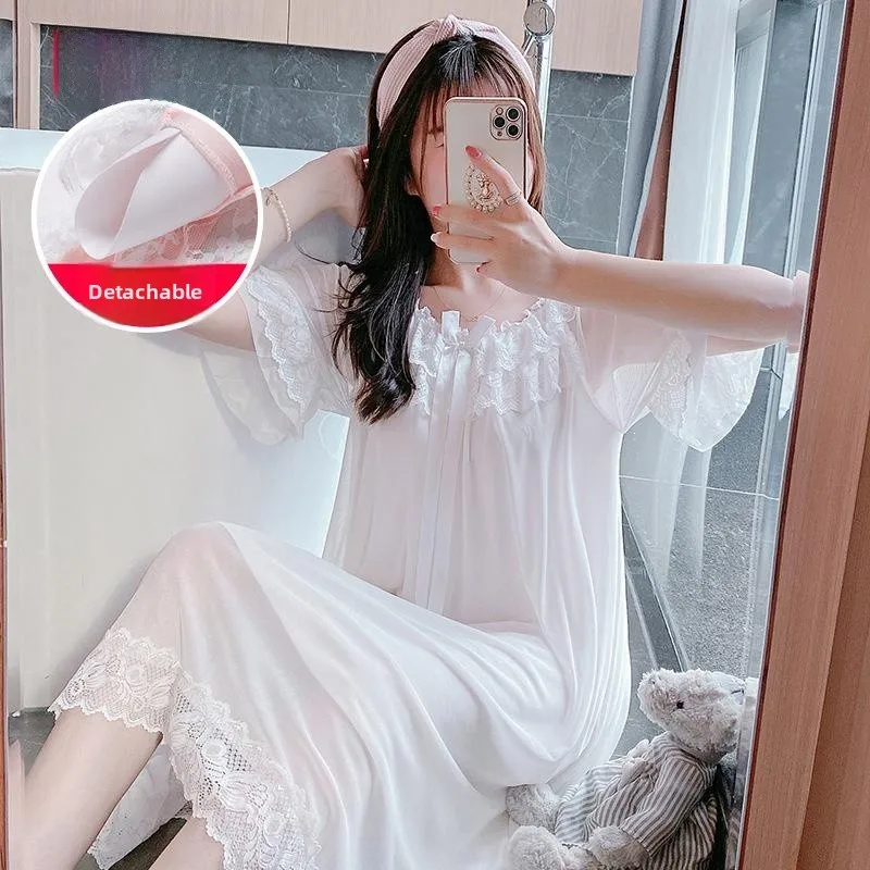 New Fairy Style Sleep Dress Short Sleeve Lace Nightgown with Chest Pad Court Princess Sexy Home Clothes Women's Sleepwear