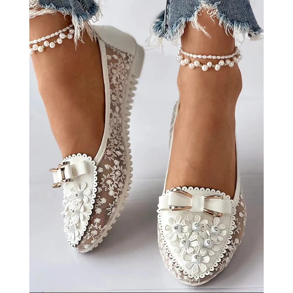 Summer Women Floral Embroidery Bowknot Decor Work Loafers Casual Sheer Mesh Design Flats Outdoor Slip-on Going Out White Shoes