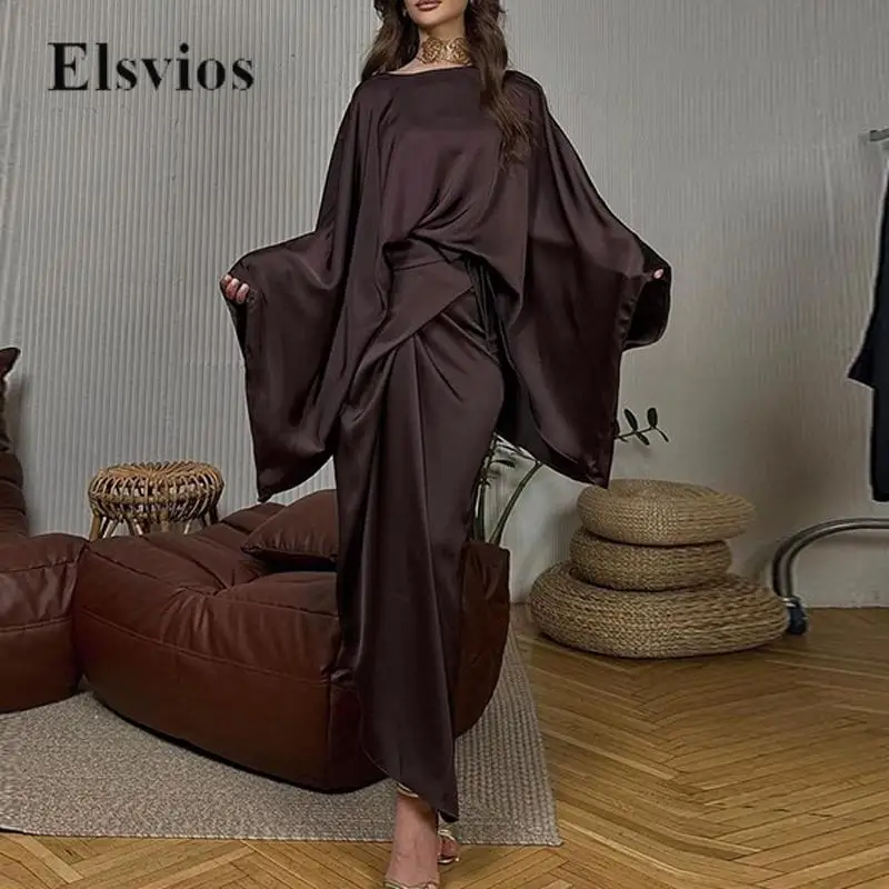 Stylish Vintage Solid Lace-Up Top And Skirt Elegant Bat Wing Sleeve Party Suit Casual Satin Shawl Irregular Office Two-Piece Set