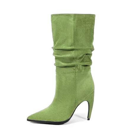 

Luxury Brand Mid Boots Women's Pointed Toe Suede Pleats New Design Women's Heels Are Stylish and Elegant Simple Boots Plus Size