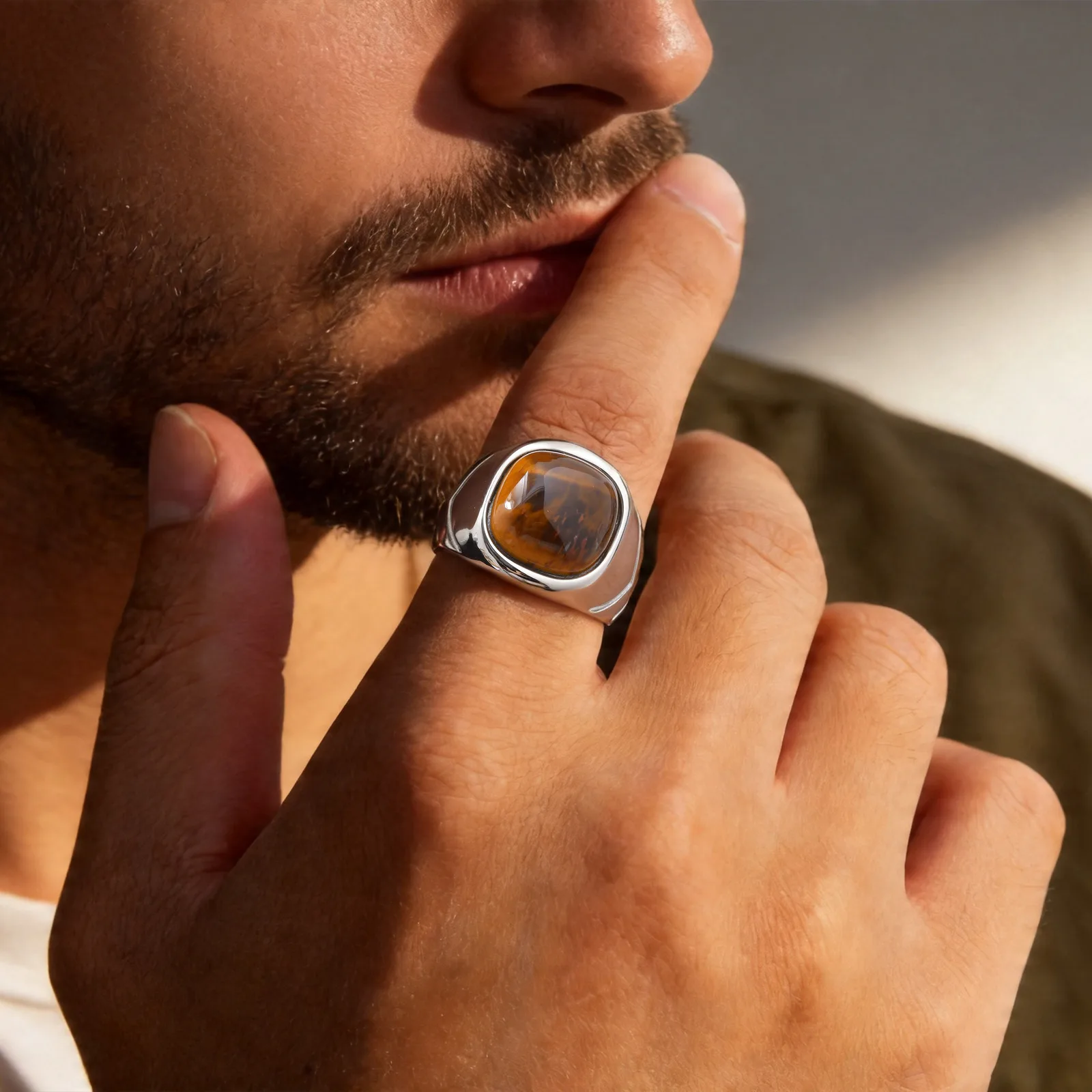 Tigerauge-Steinring für Männer und Jungen, Edelstahl-Naturstein-Quadratring, Lässiger Punk-Schmuck, Geschenk für Vater und Sohn – Detail 2