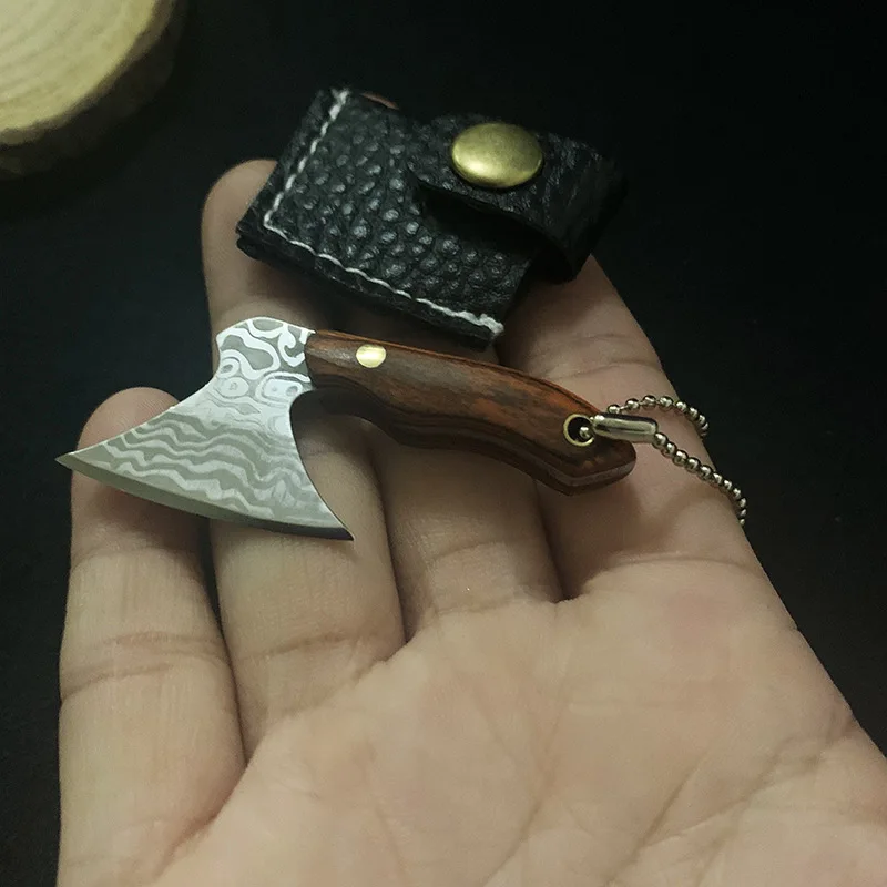 Mini 440 Stainless Steel Axe Hatchet Pocket Knife Keychain EDC Full Tang Wood Handle Gift with Sheath Keyring Box Cutter Tools