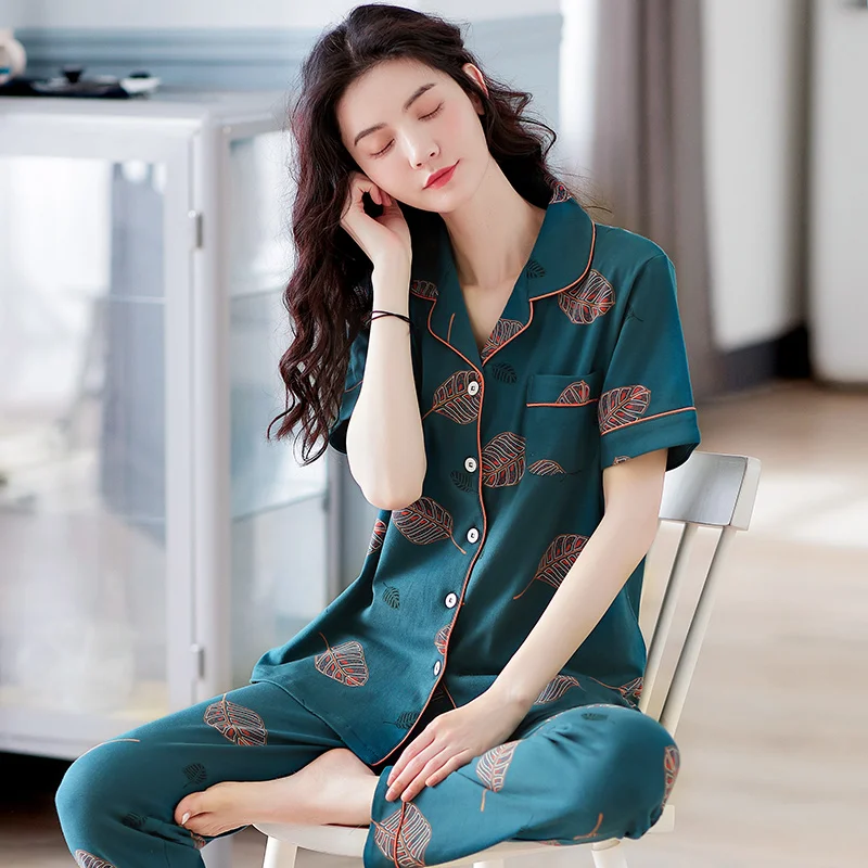 Piyama wanita motif daun Maple musim panas, Set piyama katun Murni penuh, baju tidur nyaman, M-XXXL baju rumah