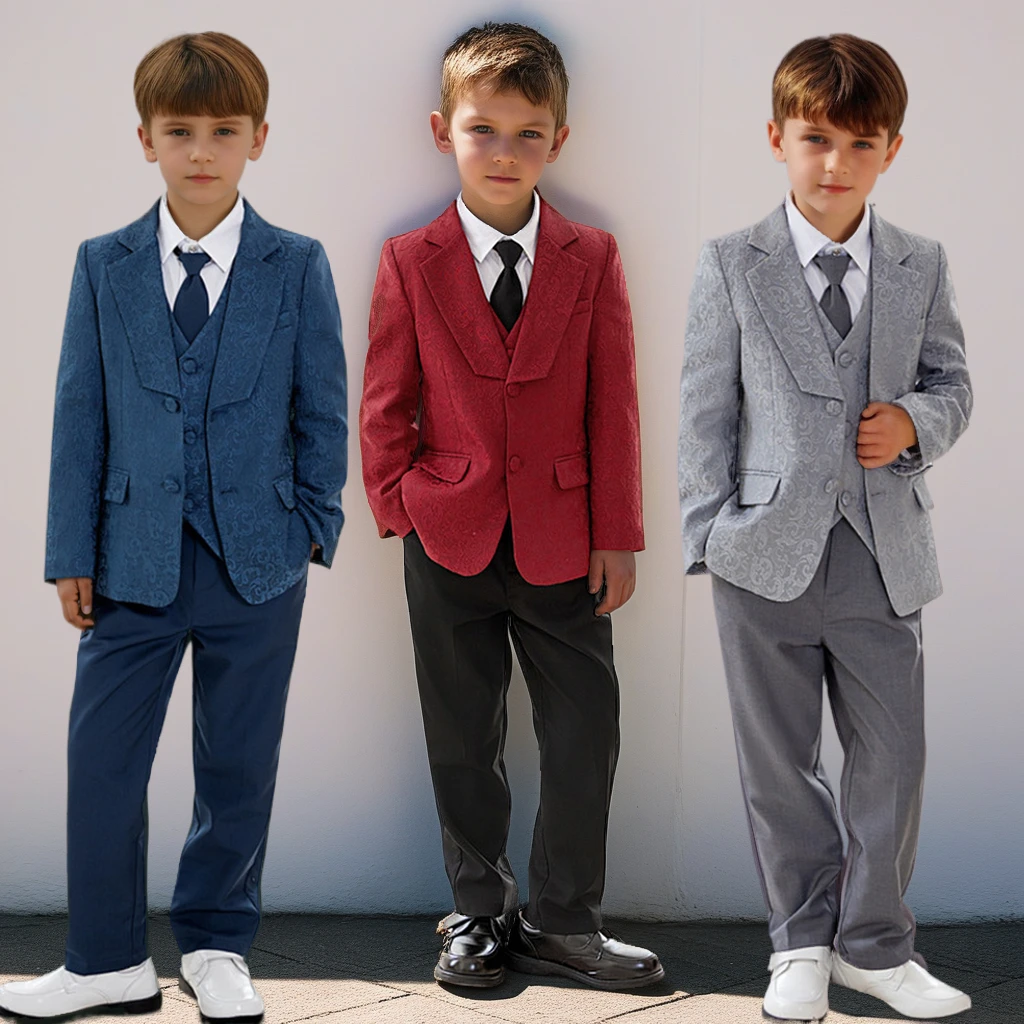 

Комплект костюма для мальчиков, красный жаккардовый новогодний пиджак, наряды с цветочным узором для мальчиков, смокинг для свадебной вечеринки, детский формальный костюм для выступлений на фортепиано