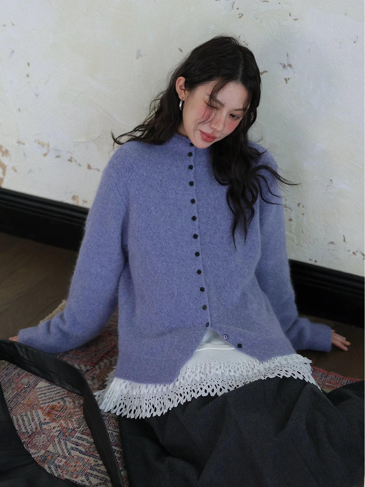 

DR Thiened Knitted Sweater Women's f High Collar Cardigan Mixed Rabbit Hair Winter Warm Long Sve Color Coat