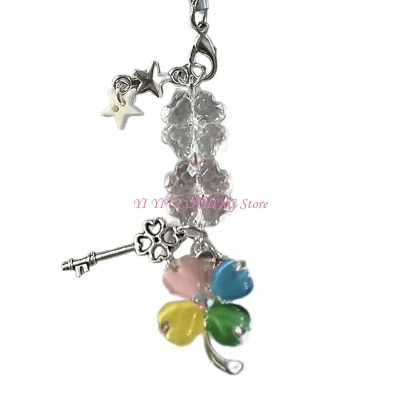 N5KF Unique Beaded Phone Pendant Fashionable Keyring Four Clovers Charm Keychain Elegant Bag Accessory for Women Girls