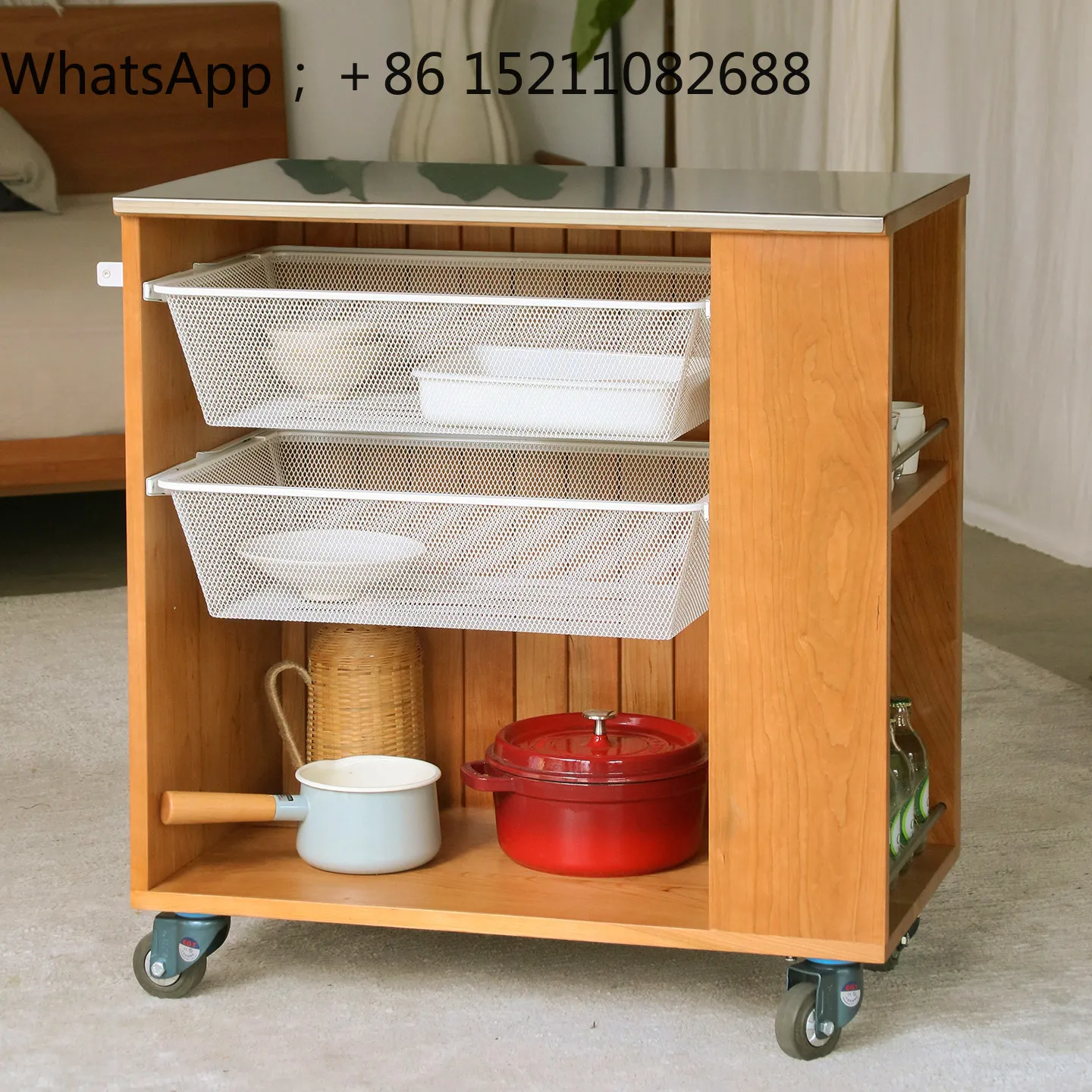SCY solid wood mobile island small apartment kitchen cart dining side cabinet storage side cabinet