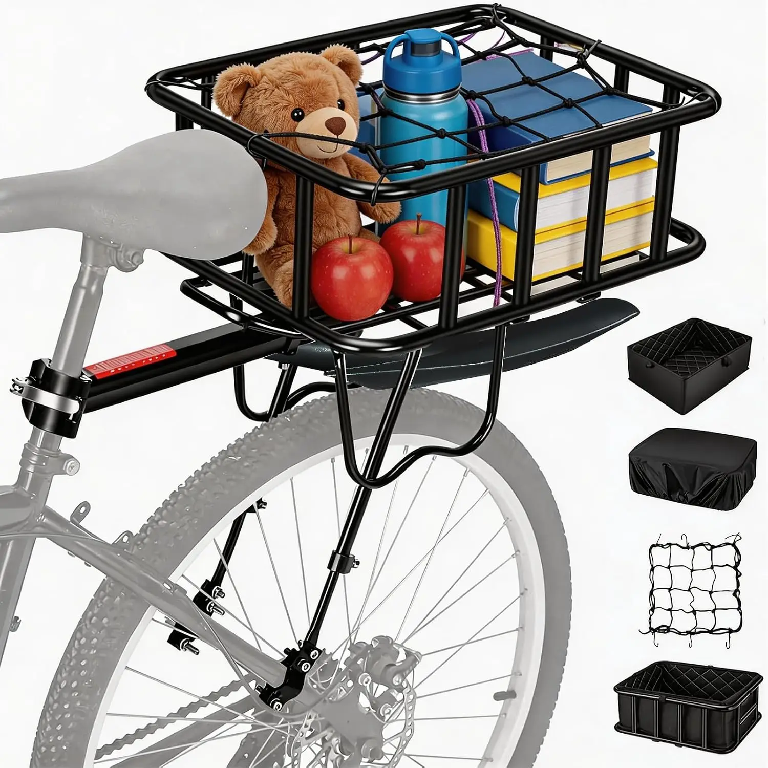 Rear Bike Cargo Rack With Storage Basket Mudguard Heavy Duty Bicycle Luggage Carrier Box Universal Mounting Accessories Aluminum Alloy Frame Waterproof Cover Net Black