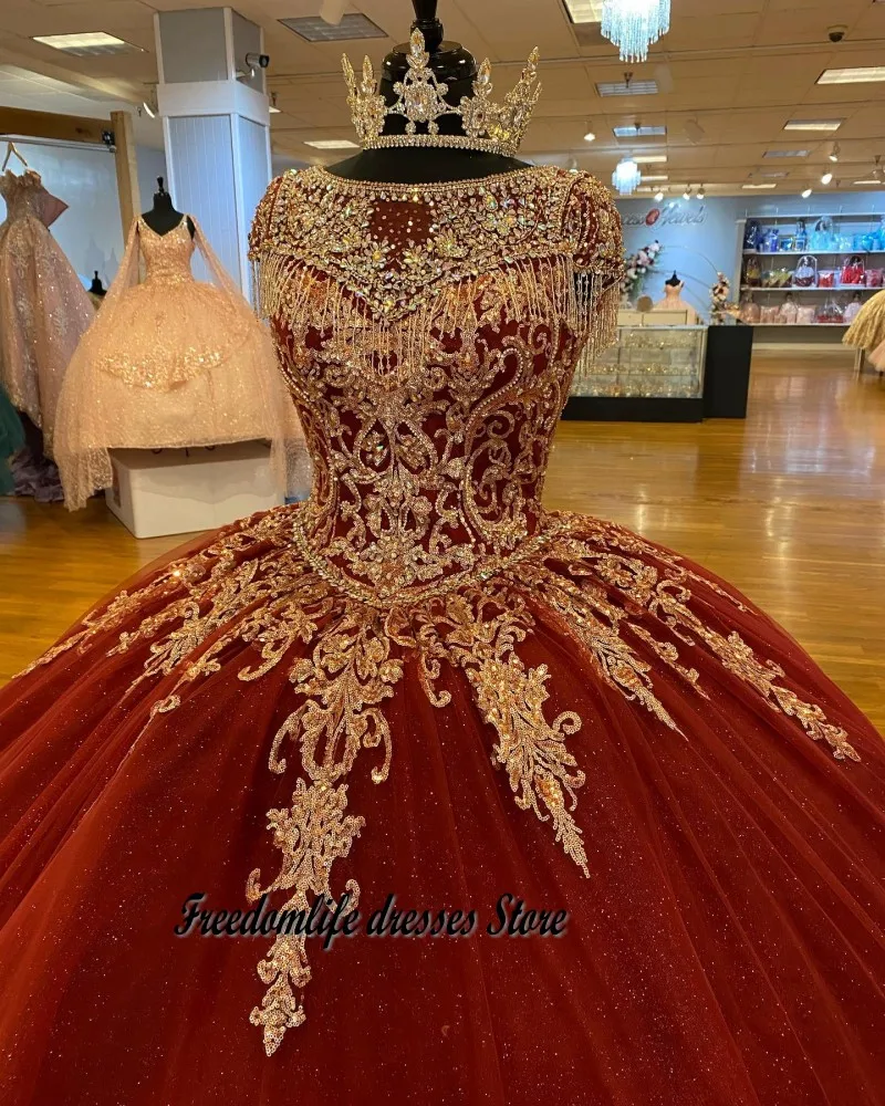 Elegant เม็กซิกัน Vestidos De XV ปีเลื่อม Quinceanera ชุด2022กับพู่ Applique หวาน16 Quince พรหม Gowns