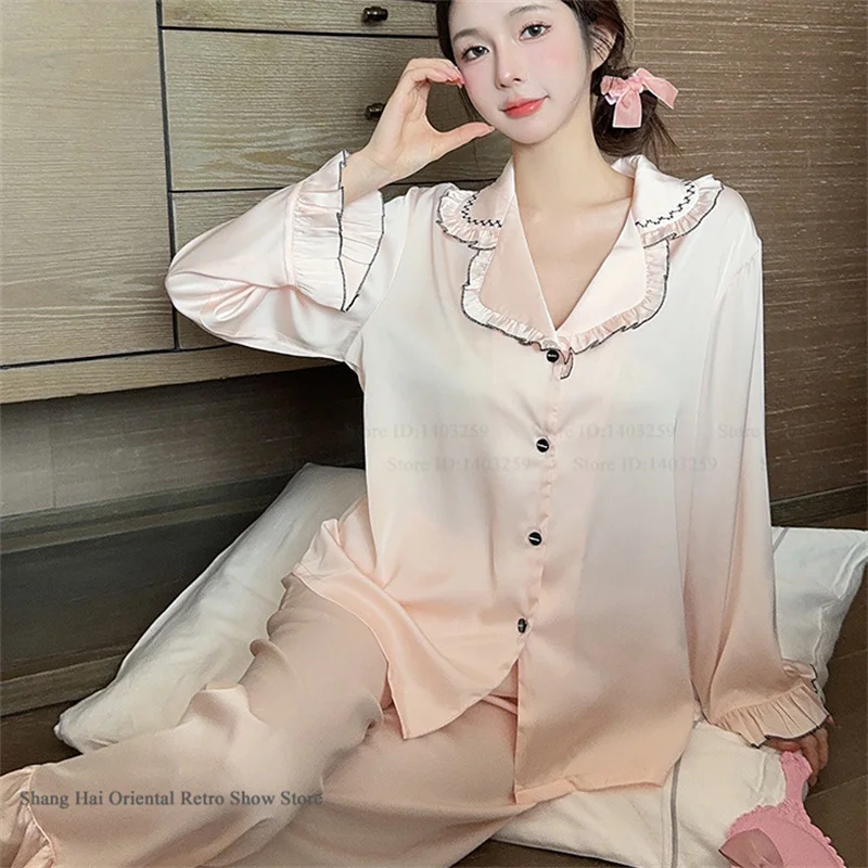 

Spring Autumn New Female Pajamas Sleepwear 2PCS Set Elegant Sweet Long Sleeve Trouser Pijamas Suit Loose Casual Satin Homewear